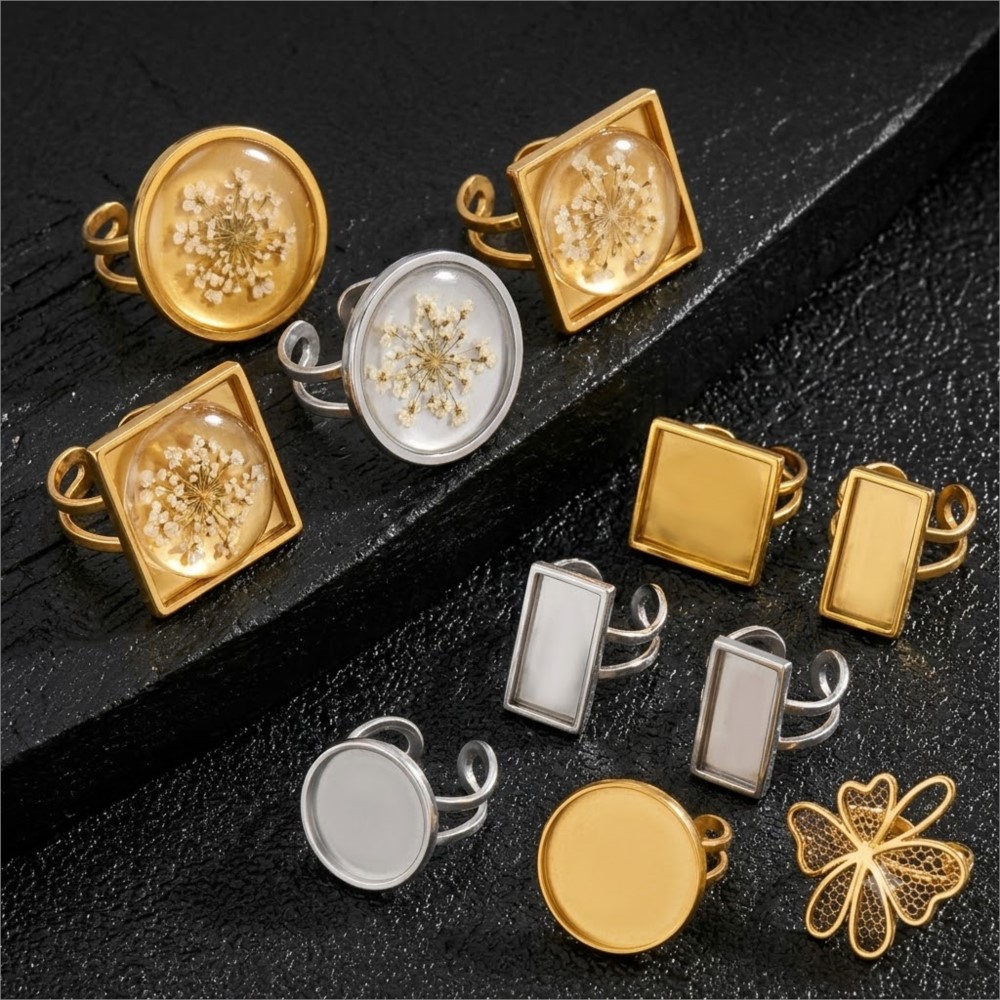 2pcs Stainless Steel Square Fl - Ring Set Adjustable のレビューと価格