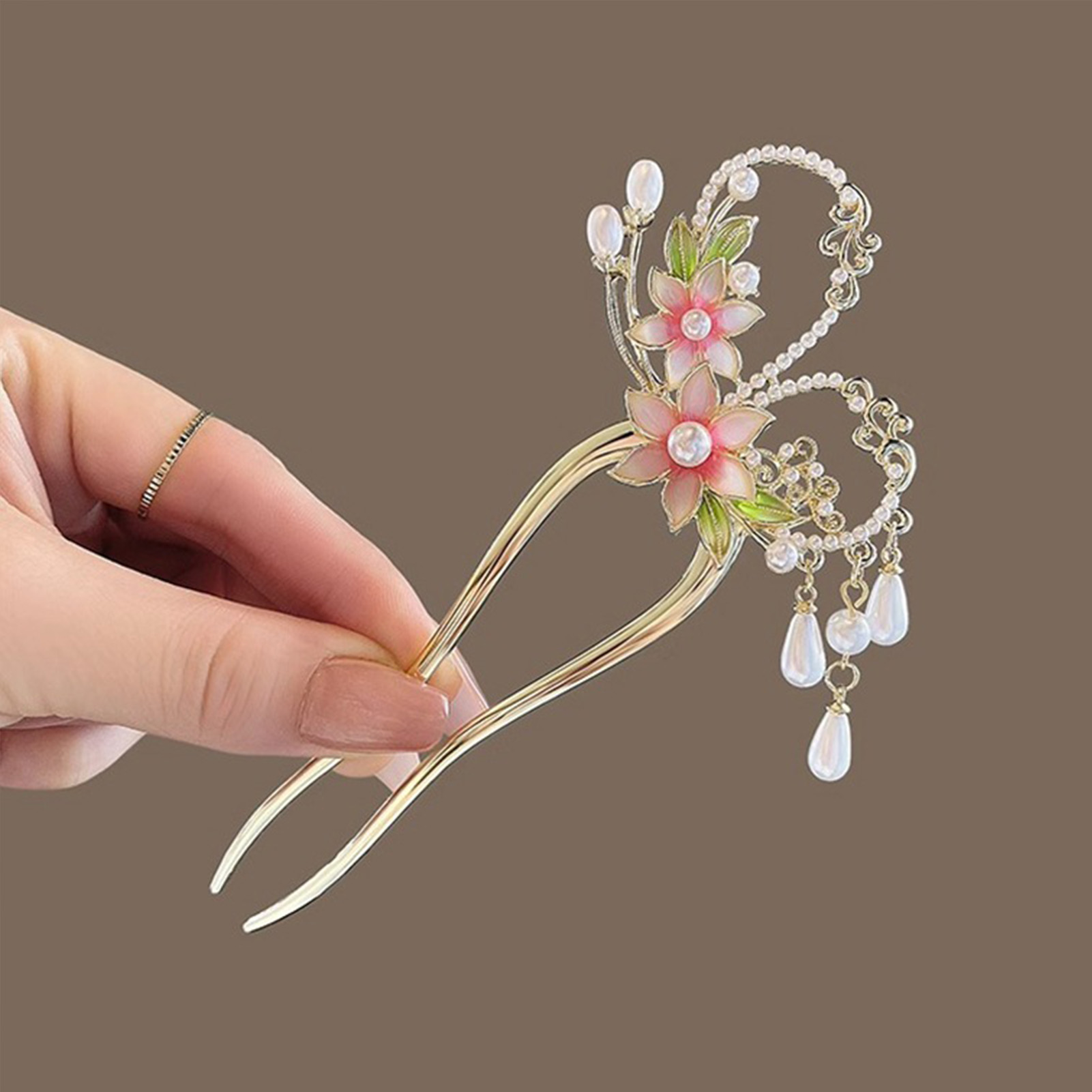 Elegant Pink Flower Hair Pin U - Pearl Hair Pin のレビューと価格